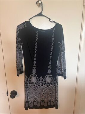 Enfocus Studio Black Dress with Gray Paisley Medallion Print